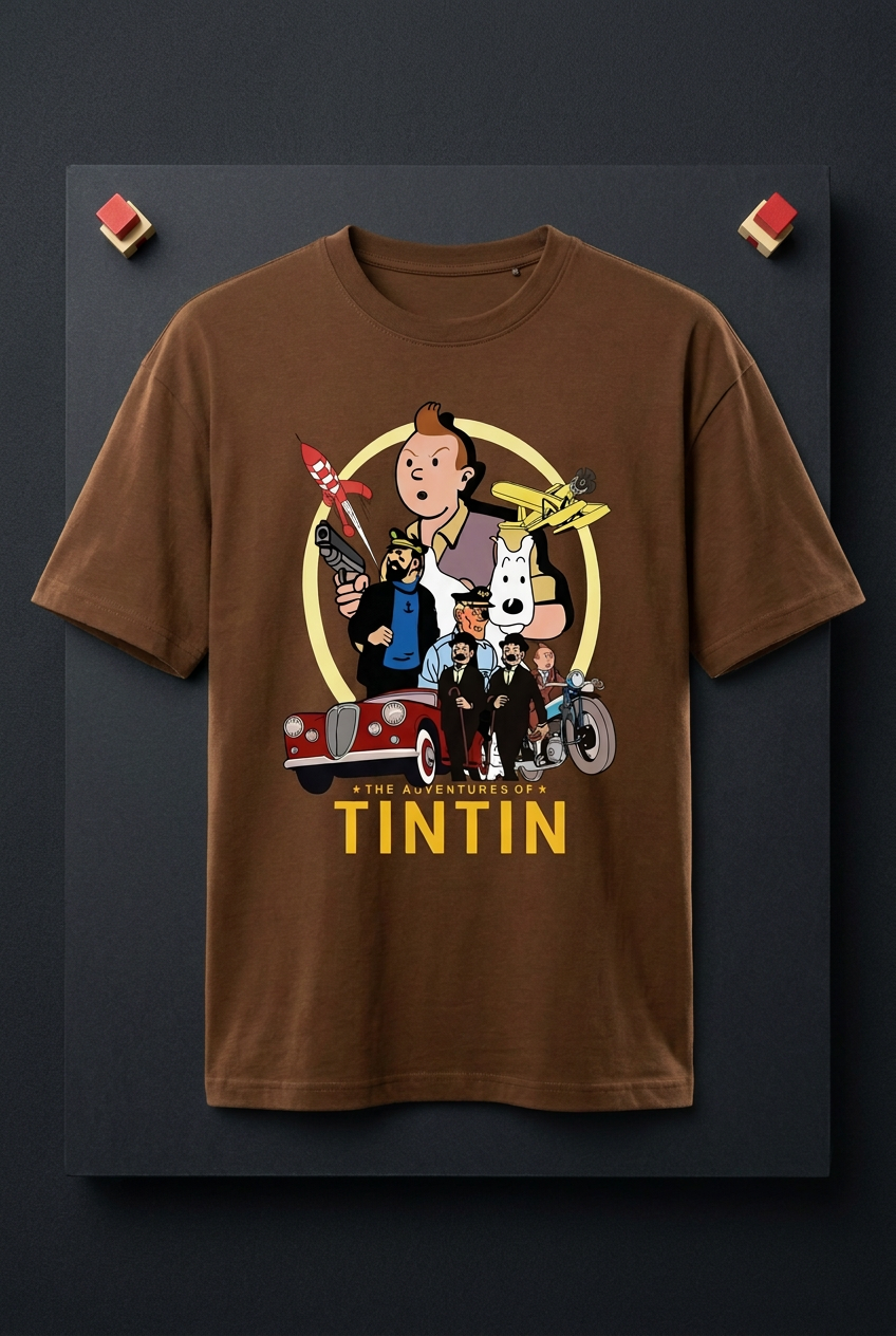 Tintin coffee-brown tee styled flat lay