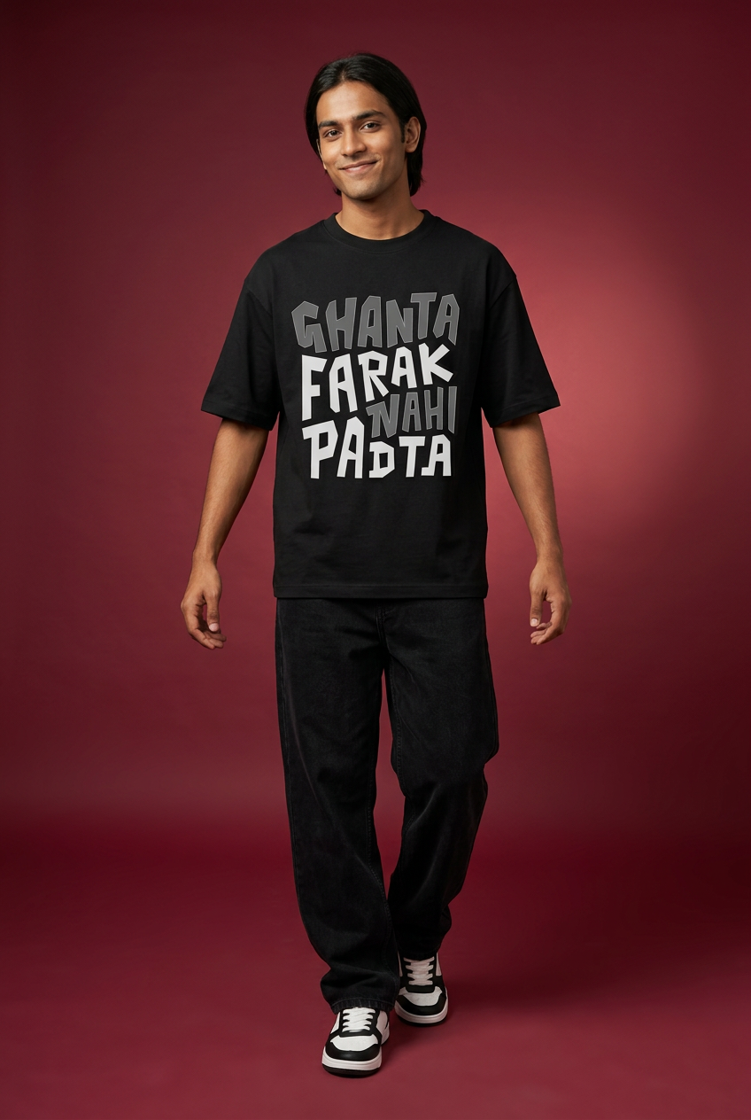 Ghanta Farak oversized T-shirt, Indian Gen Z model, carefree stepping pose