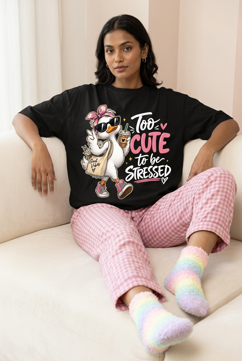 Duck oversized tee with pajamas and fluffy rainbow socks