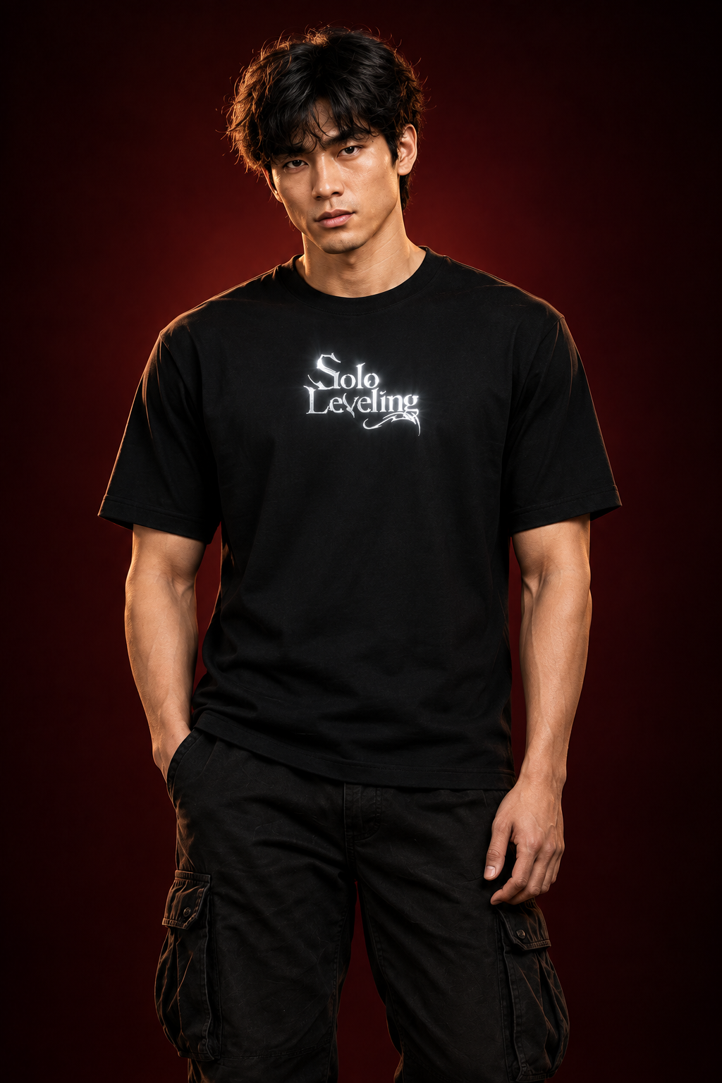 Master front hero mockup of regular-fit Solo Leveling tee with bright reflective chest logo under direct flash