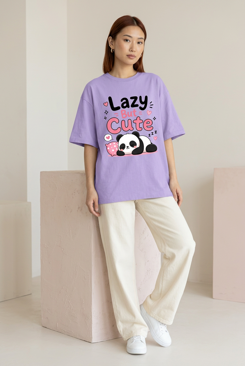 Lazy But Cute lavender tee with cream wide-leg trousers
