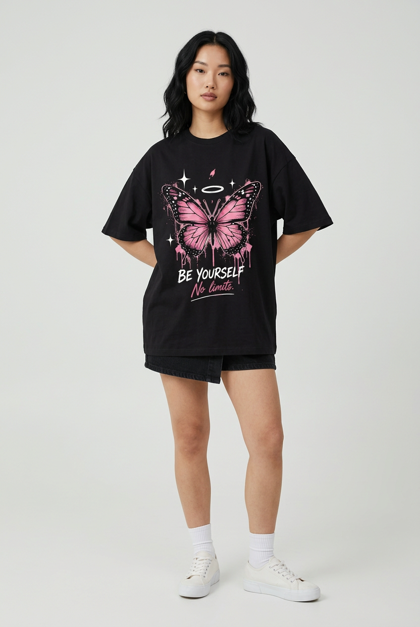 Butterfly oversized tee with black shorts, white socks and sneakers