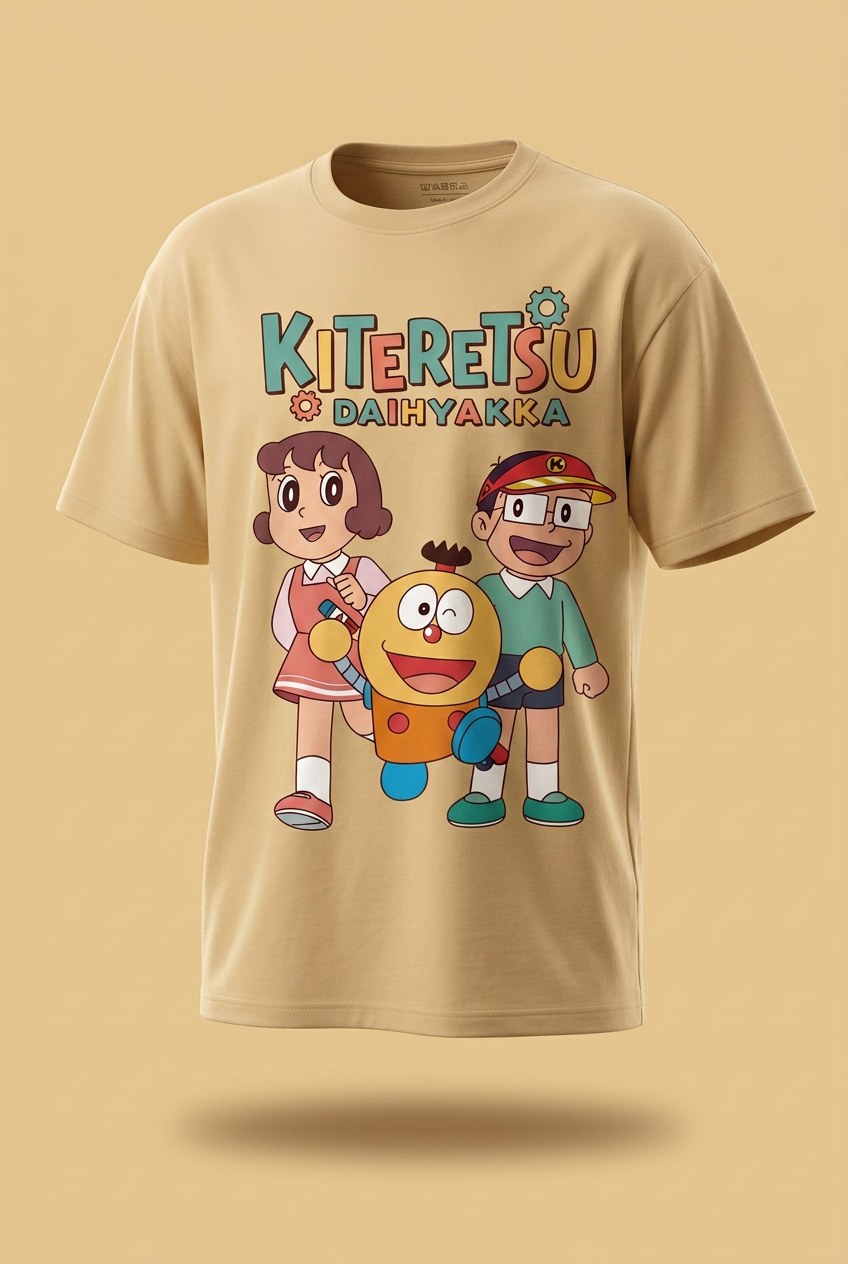 Angled garment-only mockup of relaxed regular-fit Kiteretsu tee