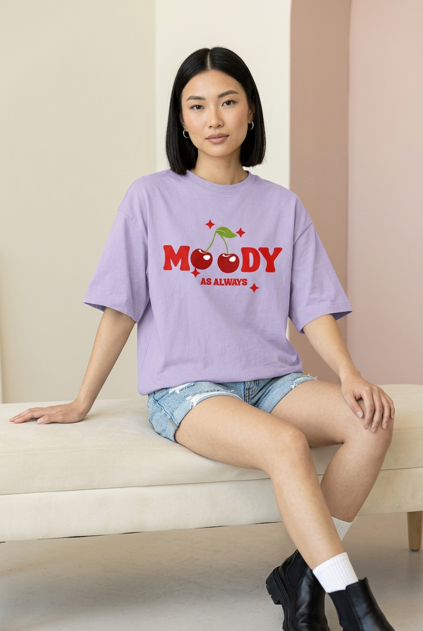Lavender Moody cherry tee with denim shorts and black boots