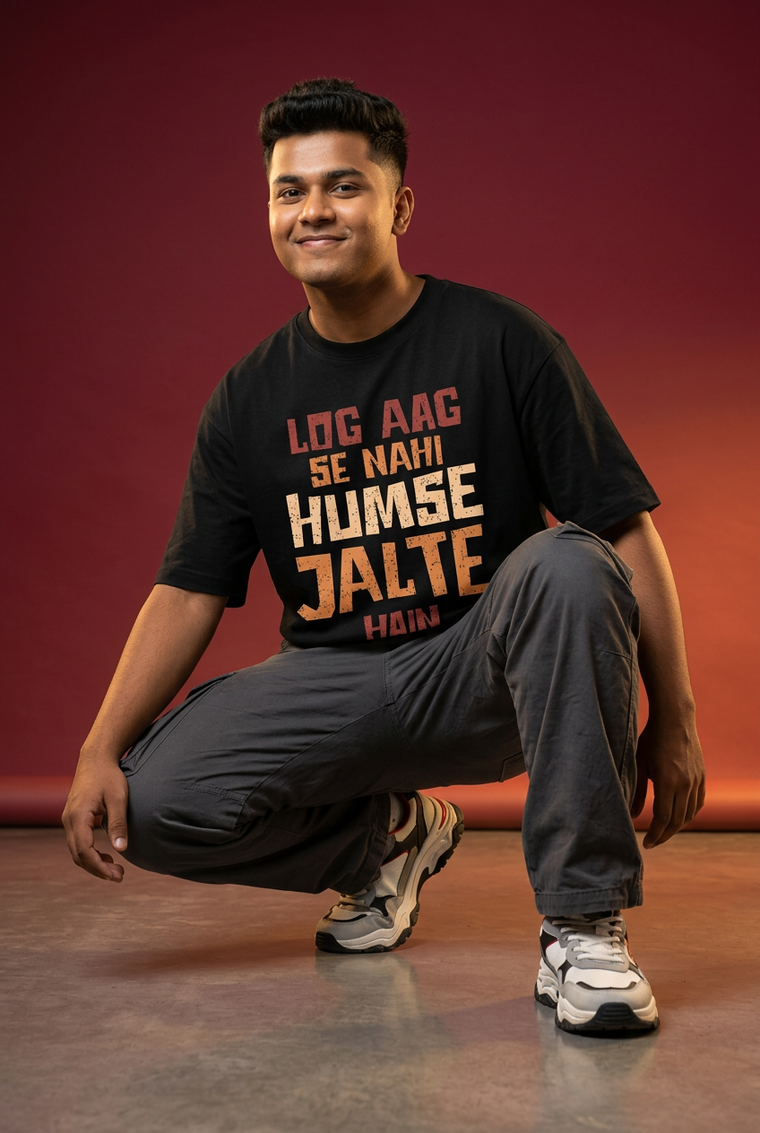 Jalte oversized T-shirt, Indian Gen Z model, low-angle crouching pose