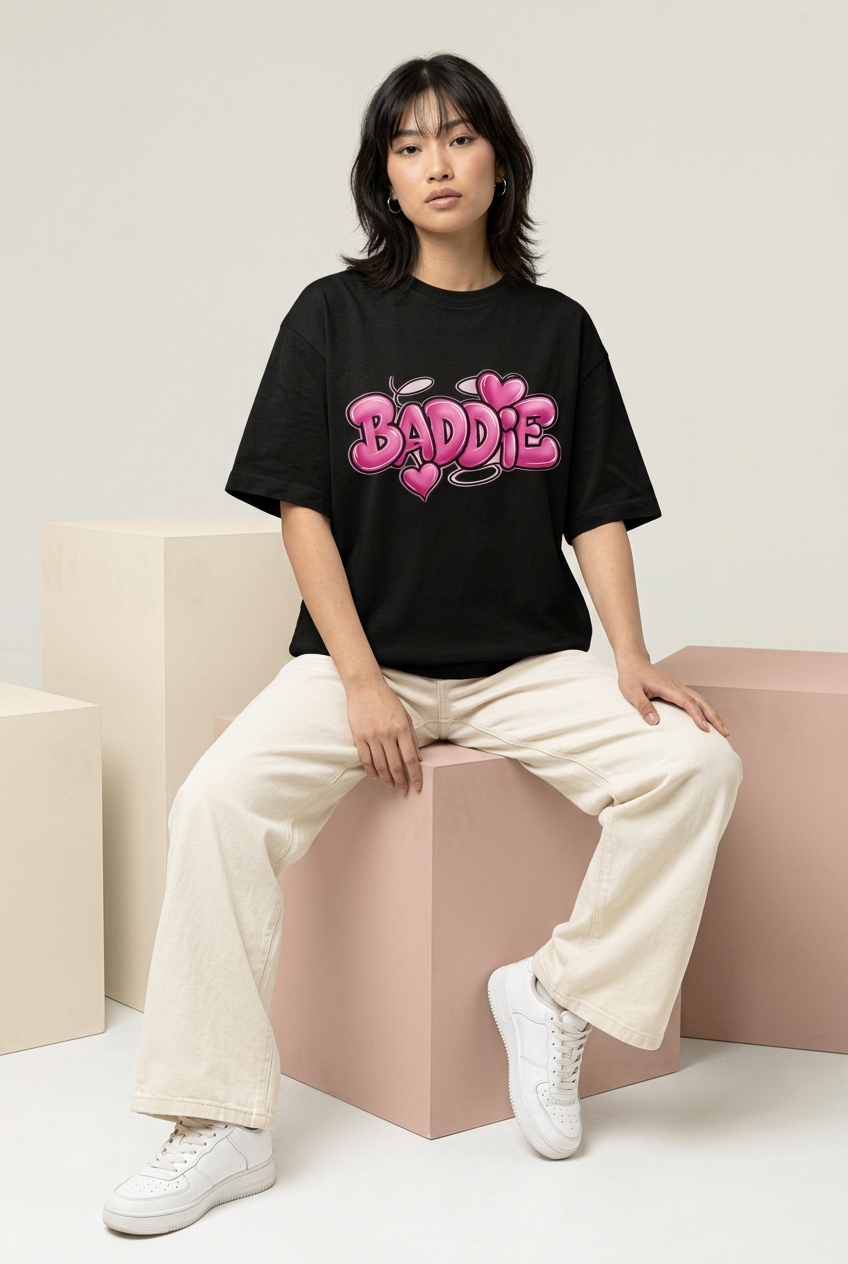 Pink Baddie tee with cream wide-leg trousers, seated pose