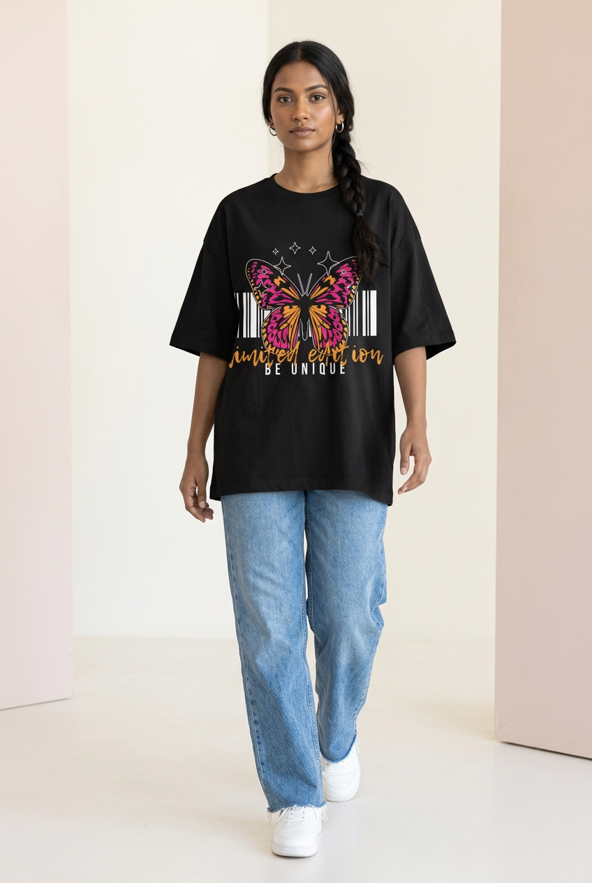 Black butterfly oversized tee styled with jeans