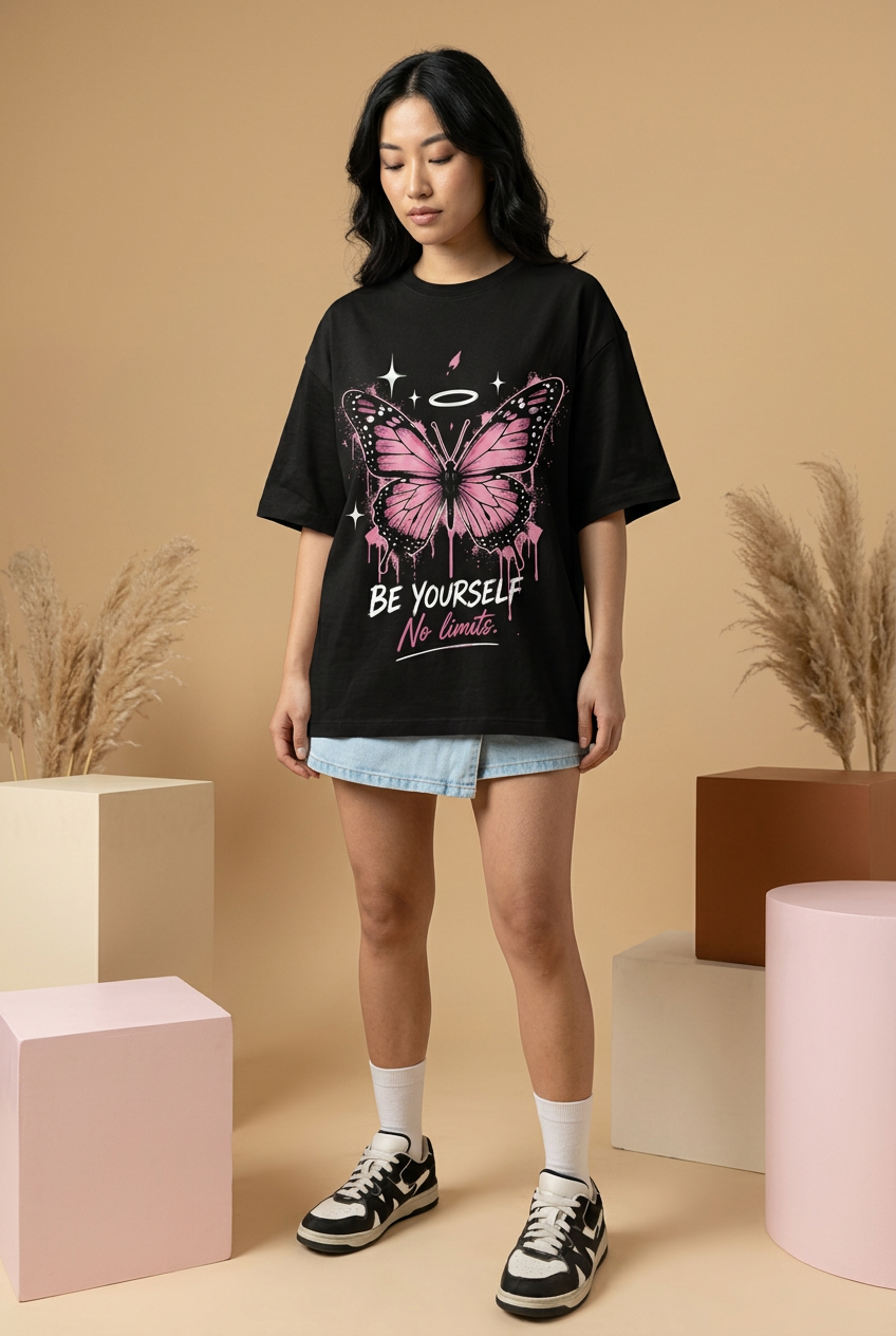 Butterfly tee with denim skort, open overshirt, socks and chunky sneakers