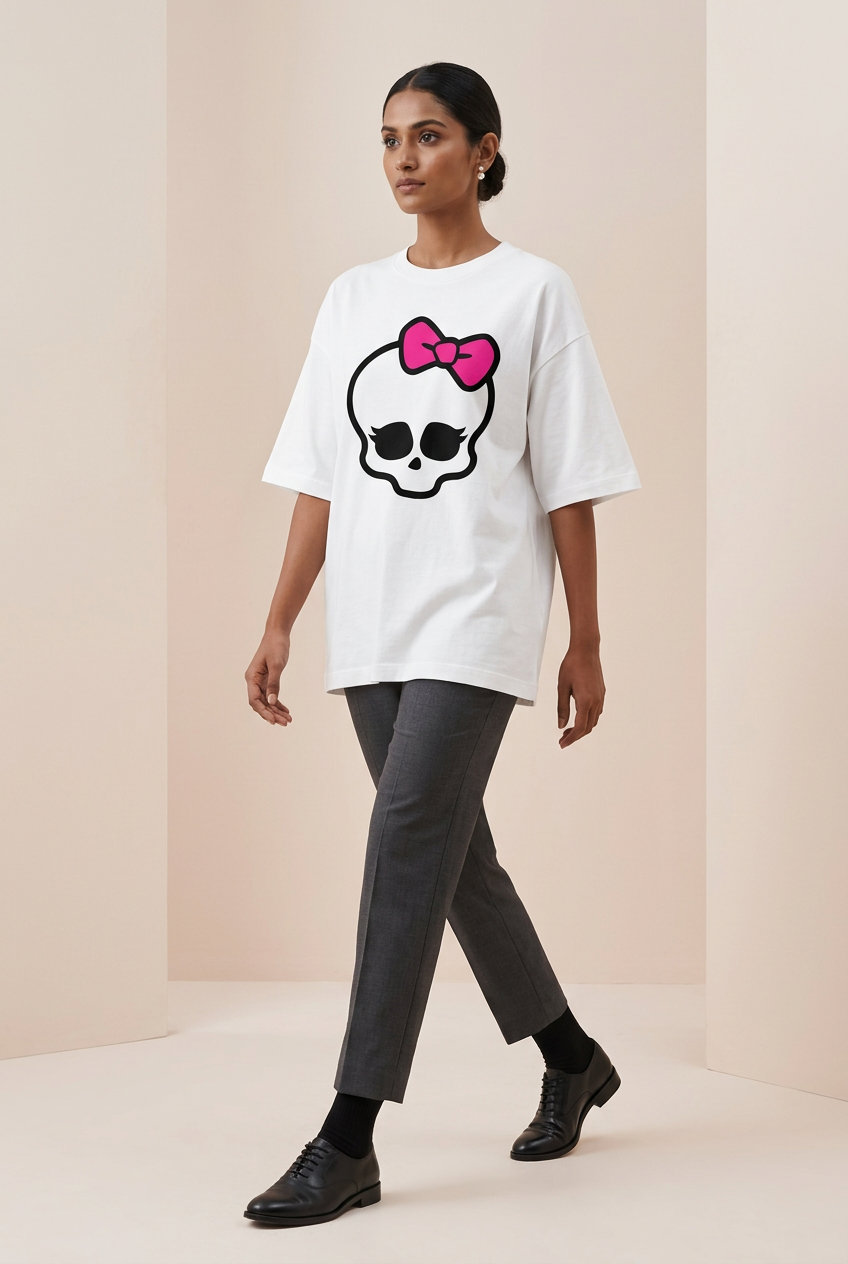 Indian female model in skull bow tee with charcoal tailored trousers and black dress socks