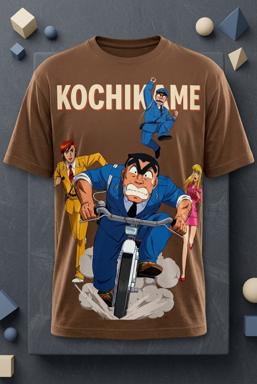 Kochikame coffee-brown graphic tee styled flat lay