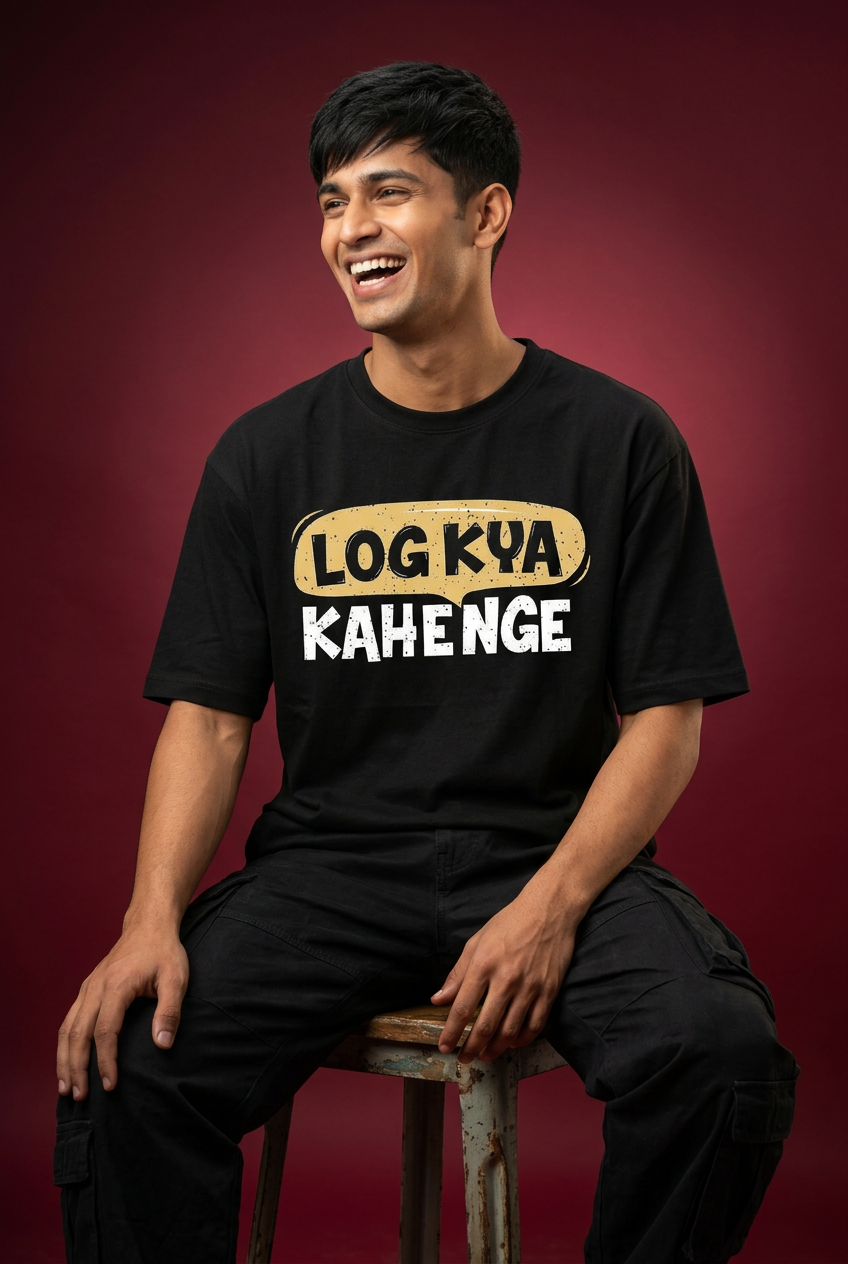 Kya Kahenge oversized T-shirt, Indian Gen Z model, laughing seated pose