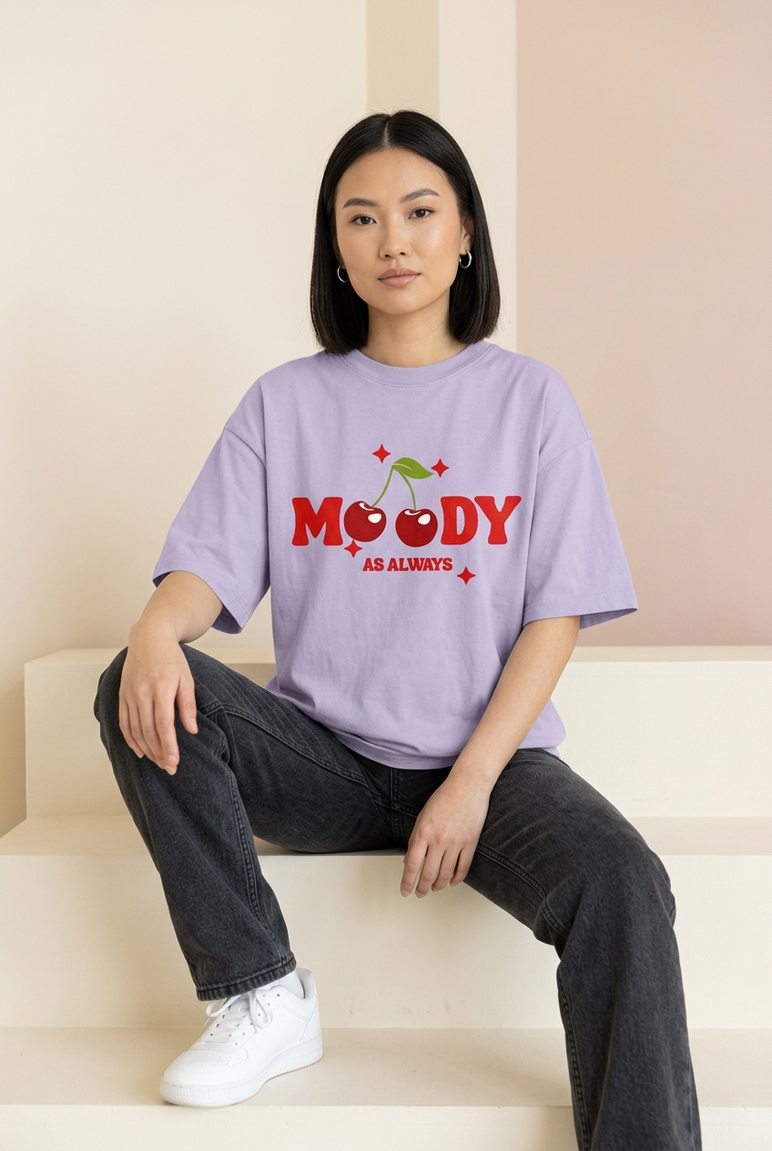 Lavender Moody As Always cherry tee with charcoal jeans, seated pose