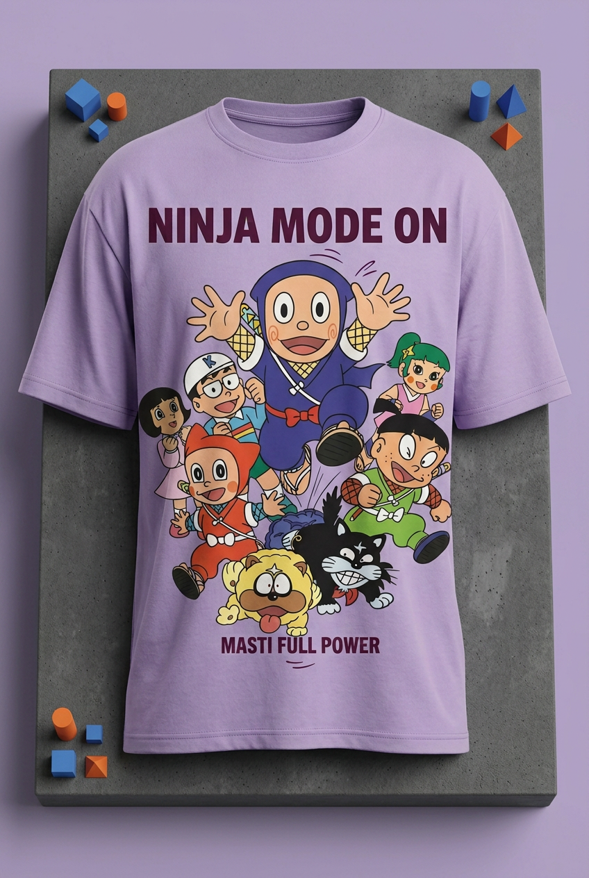 Ninja Hattori lavender tee styled flat lay