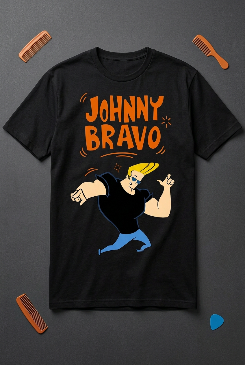 Johnny Bravo black graphic tee styled flat lay