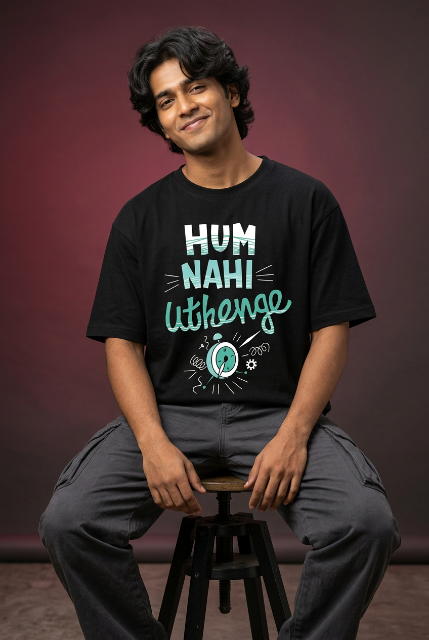 Nope oversized T-shirt, Indian Gen Z model, relaxed seated pose