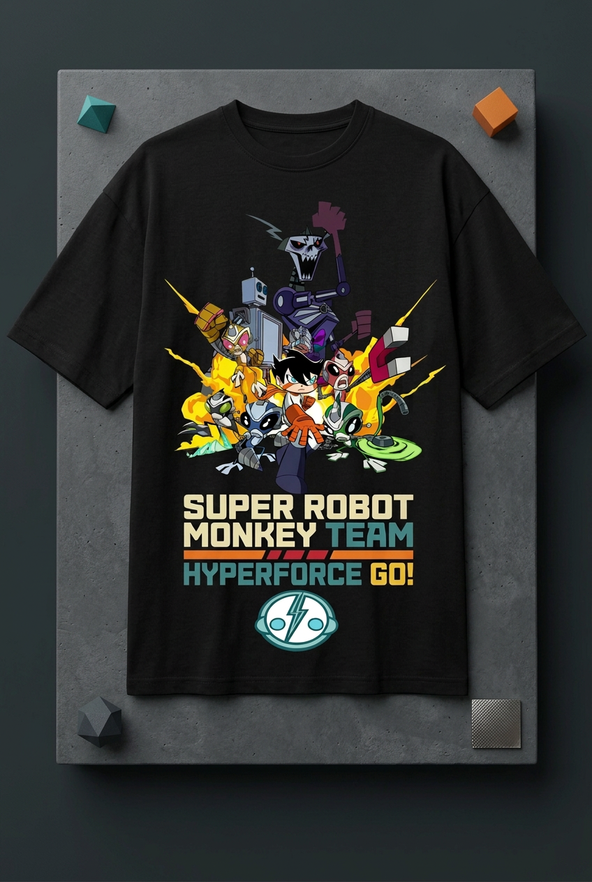Super Robot Monkey Team black tee styled flat lay