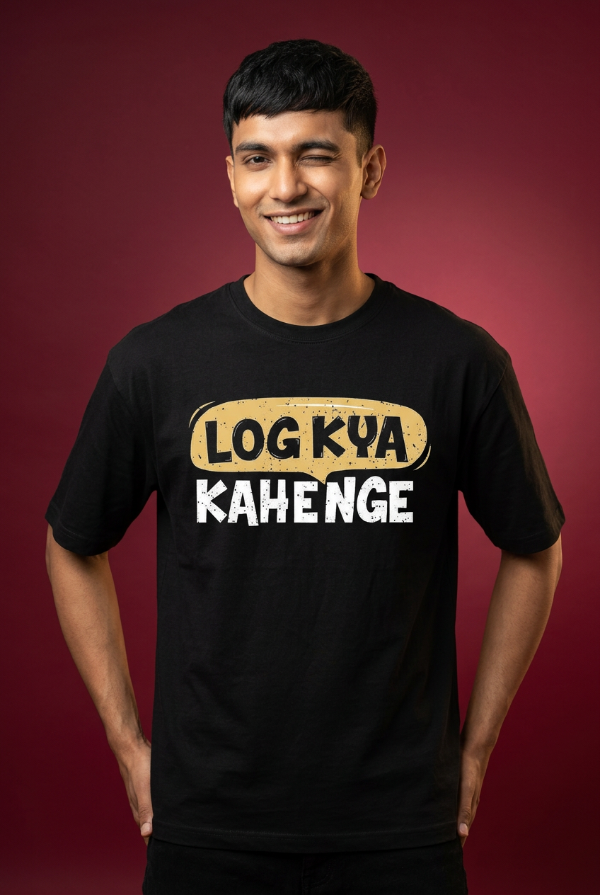 Kya Kahenge oversized T-shirt, Indian Gen Z model, smiling close-up