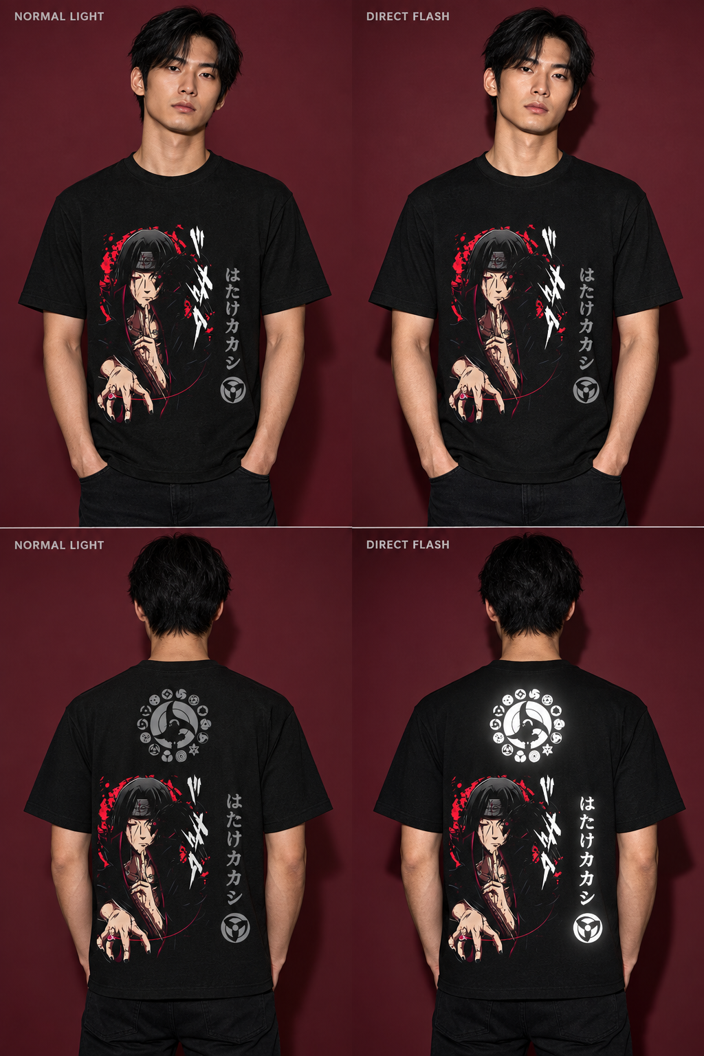 Illustrative Itachi normal-light versus direct-flash comparison