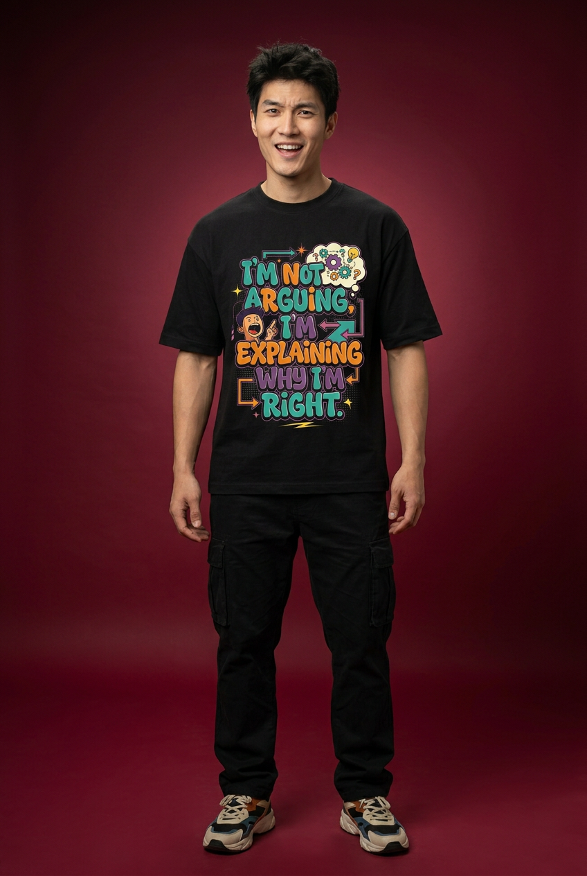 Arguing oversized T-shirt, playful full-body front model pose