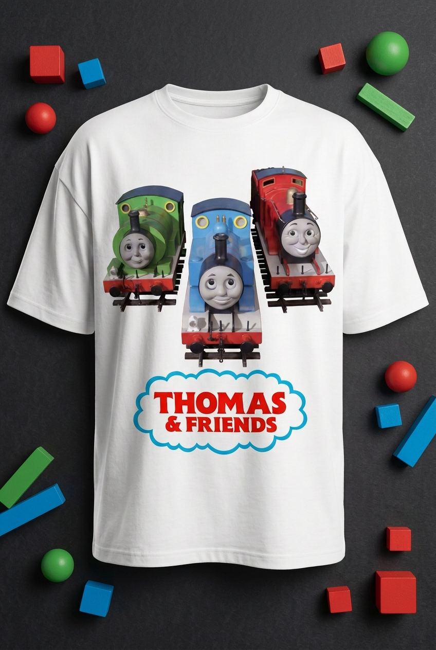 Thomas and Friends white tee flat lay