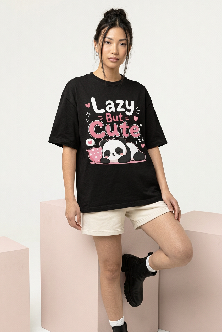 Lazy But Cute panda tee, side lean with shorts and boots