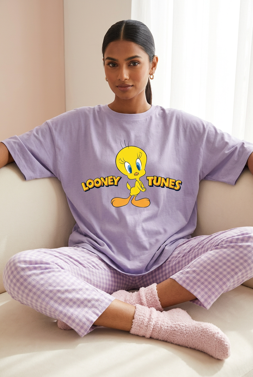 Tweety tee with checked pajamas and fluffy pink socks