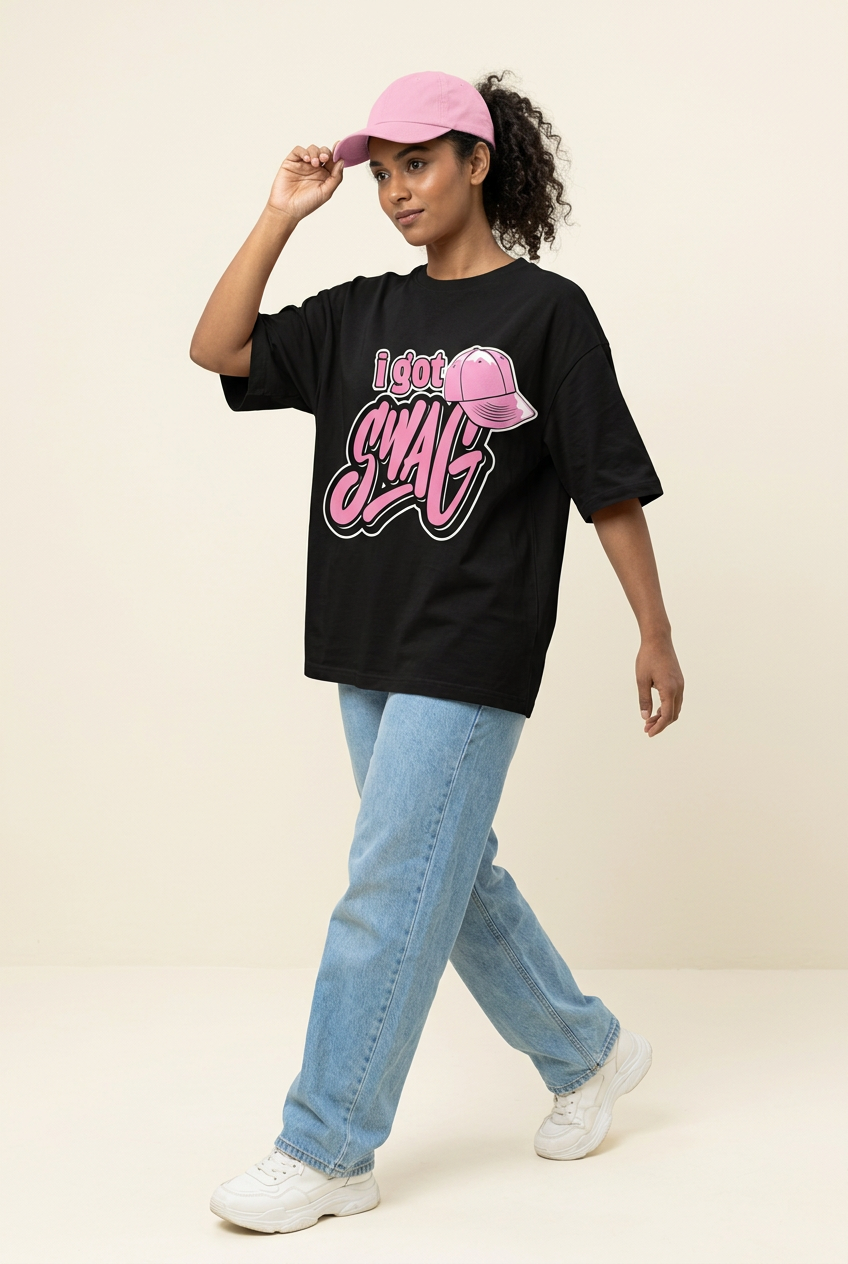 Indian female model in black I Got Swag tee with baggy jeans
