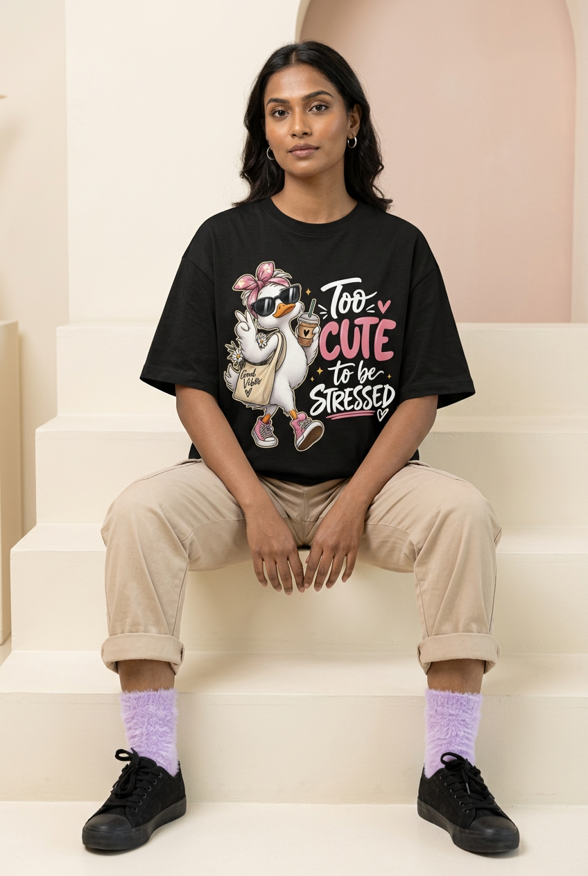 Too Cute to Be Stressed tee with cargos and furry lilac socks