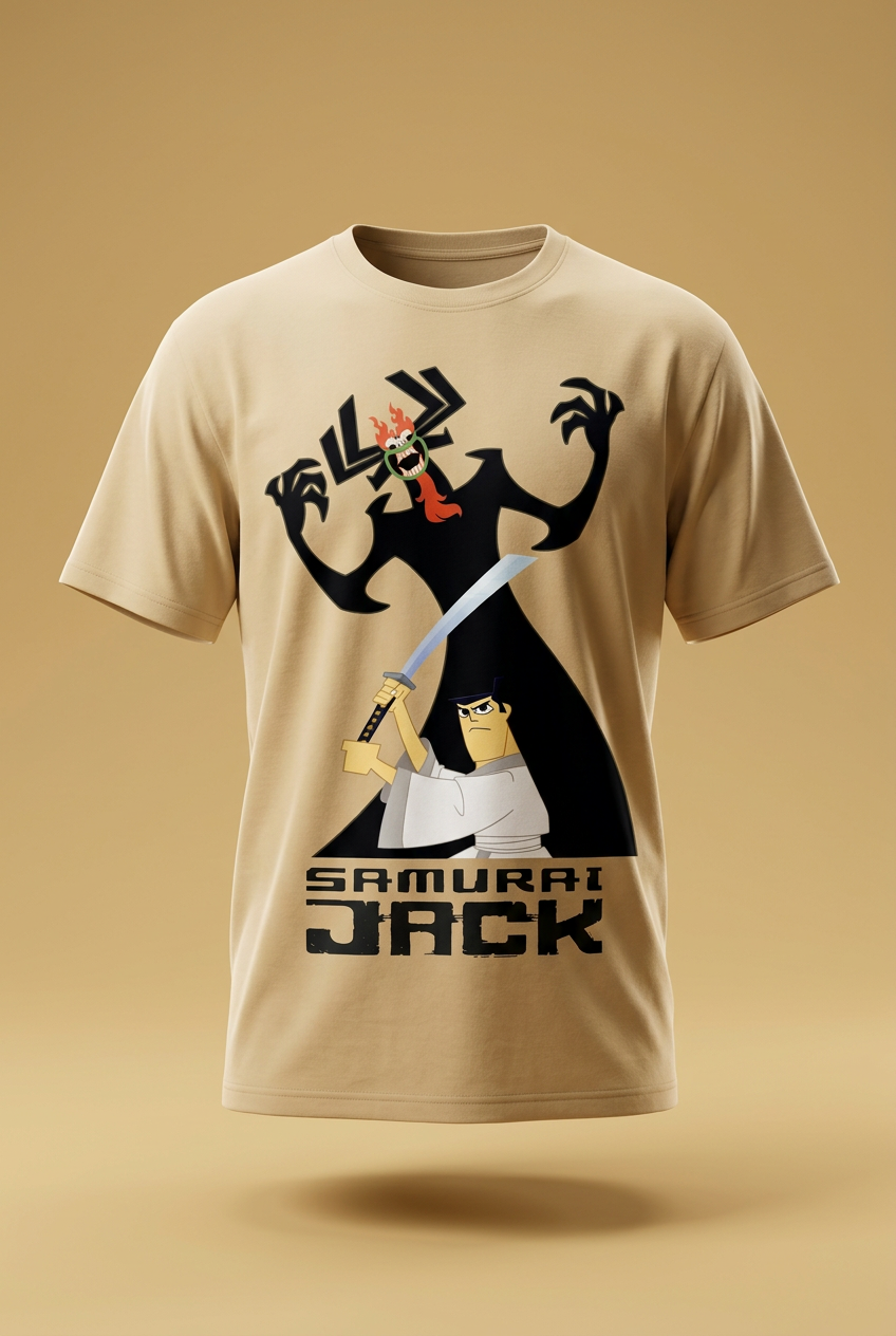 Samurai Jack and Aku sand-beige tee garment-only front mockup