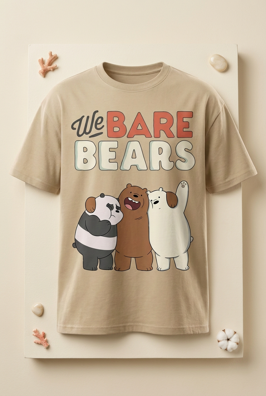 We Bare Bears sand-beige graphic tee styled flat lay