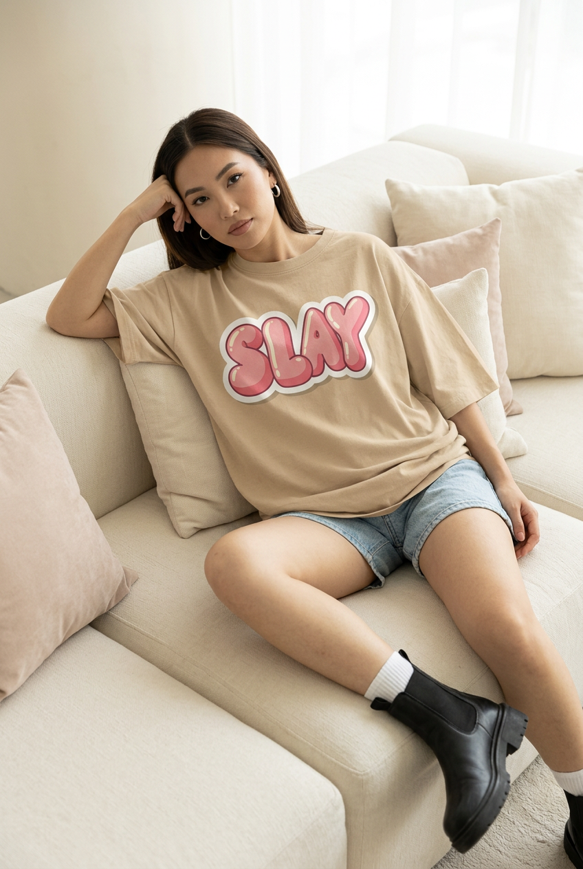 Pink Slay tee with denim shorts, socks and boots, reclining pose