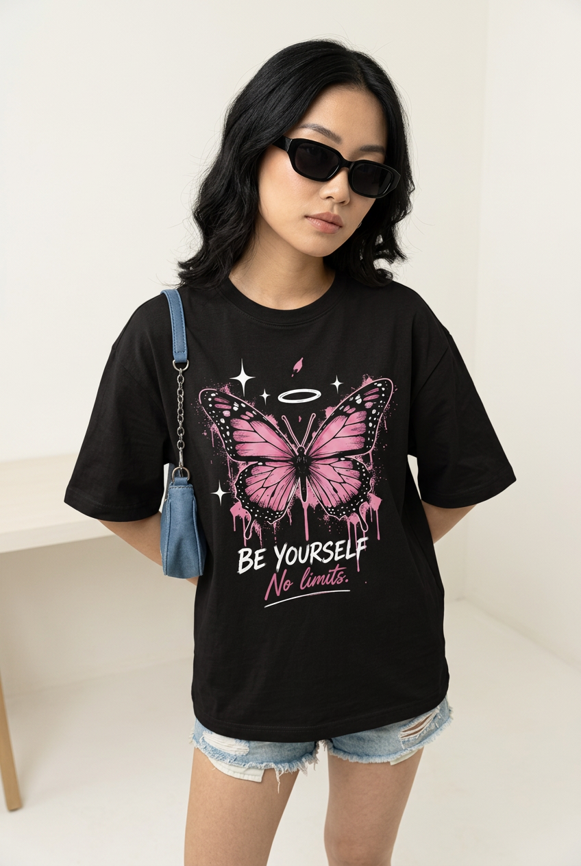 Butterfly tee with denim shorts and sunglasses, high-angle view