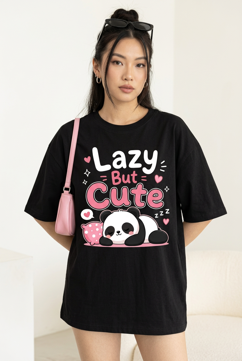 Lazy But Cute panda tee, high-angle model portrait