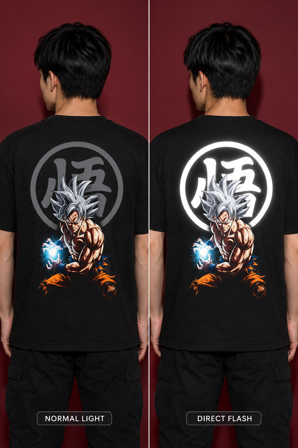 Illustrative Goku normal-light versus direct-flash comparison
