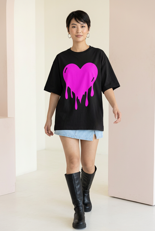 Black pink dripping-heart oversized tee, walking model pose