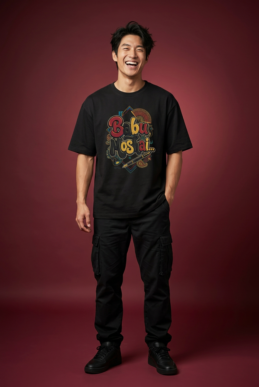 Babu oversized T-shirt, playful full-body front model pose