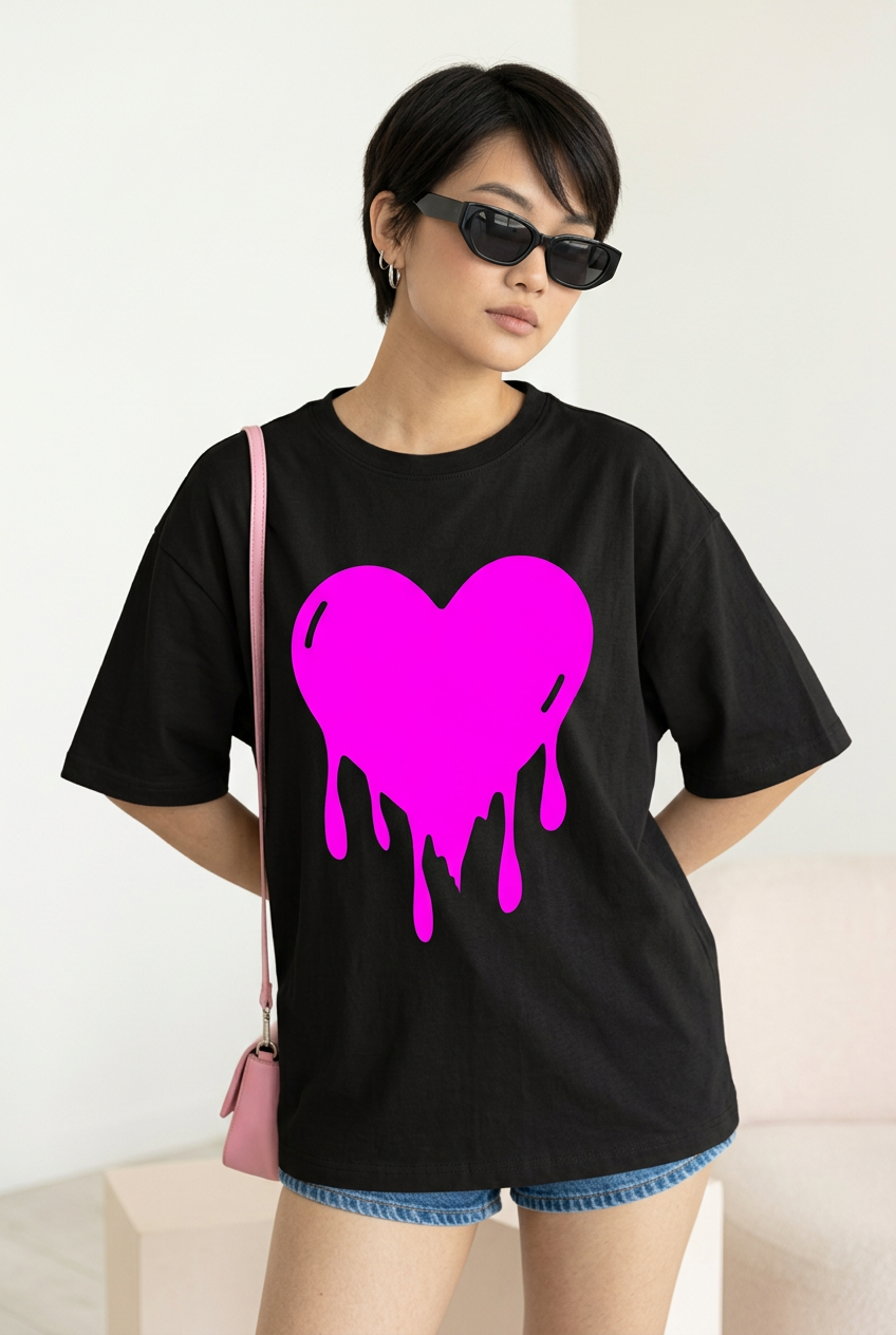 Black pink dripping-heart tee, high-angle model portrait