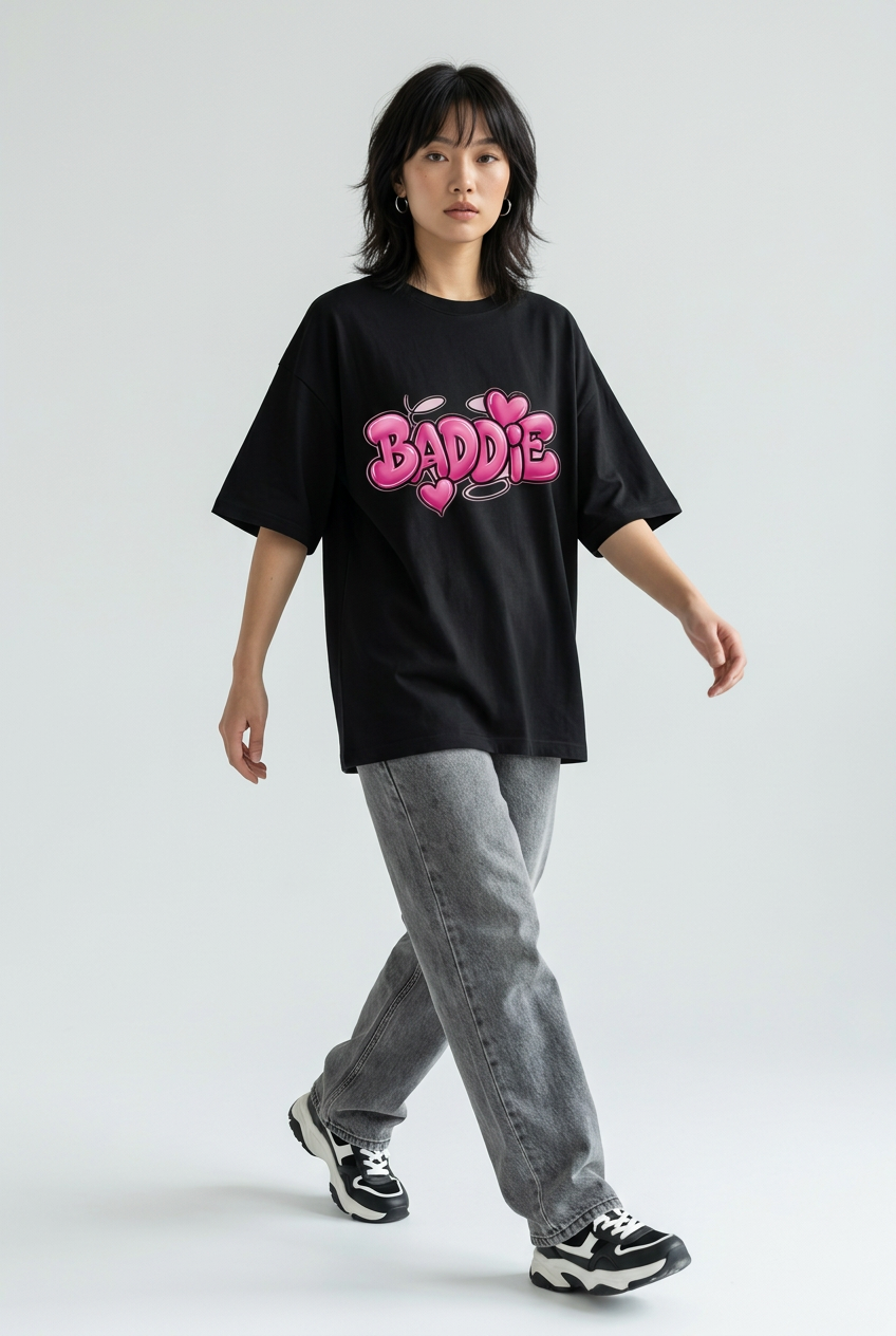 Black Pink Baddie oversized tee with washed gray jeans, walking pose