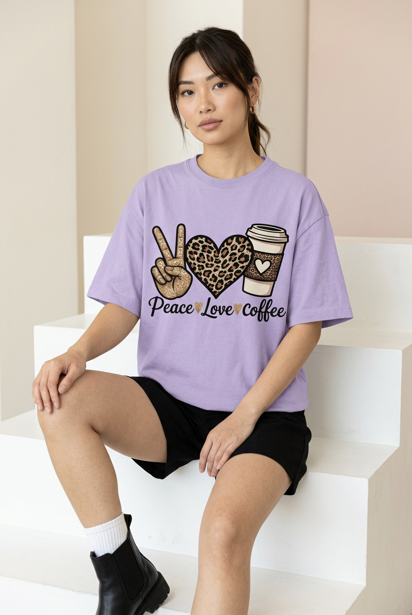 Lavender Peace Love Coffee tee with black shorts, socks and boots