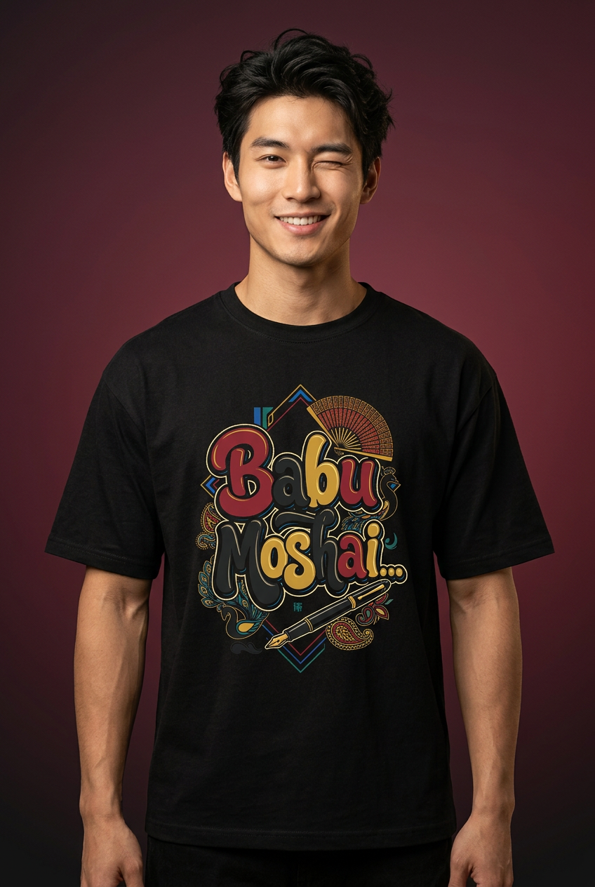 Babu oversized T-shirt, smiling model close-up