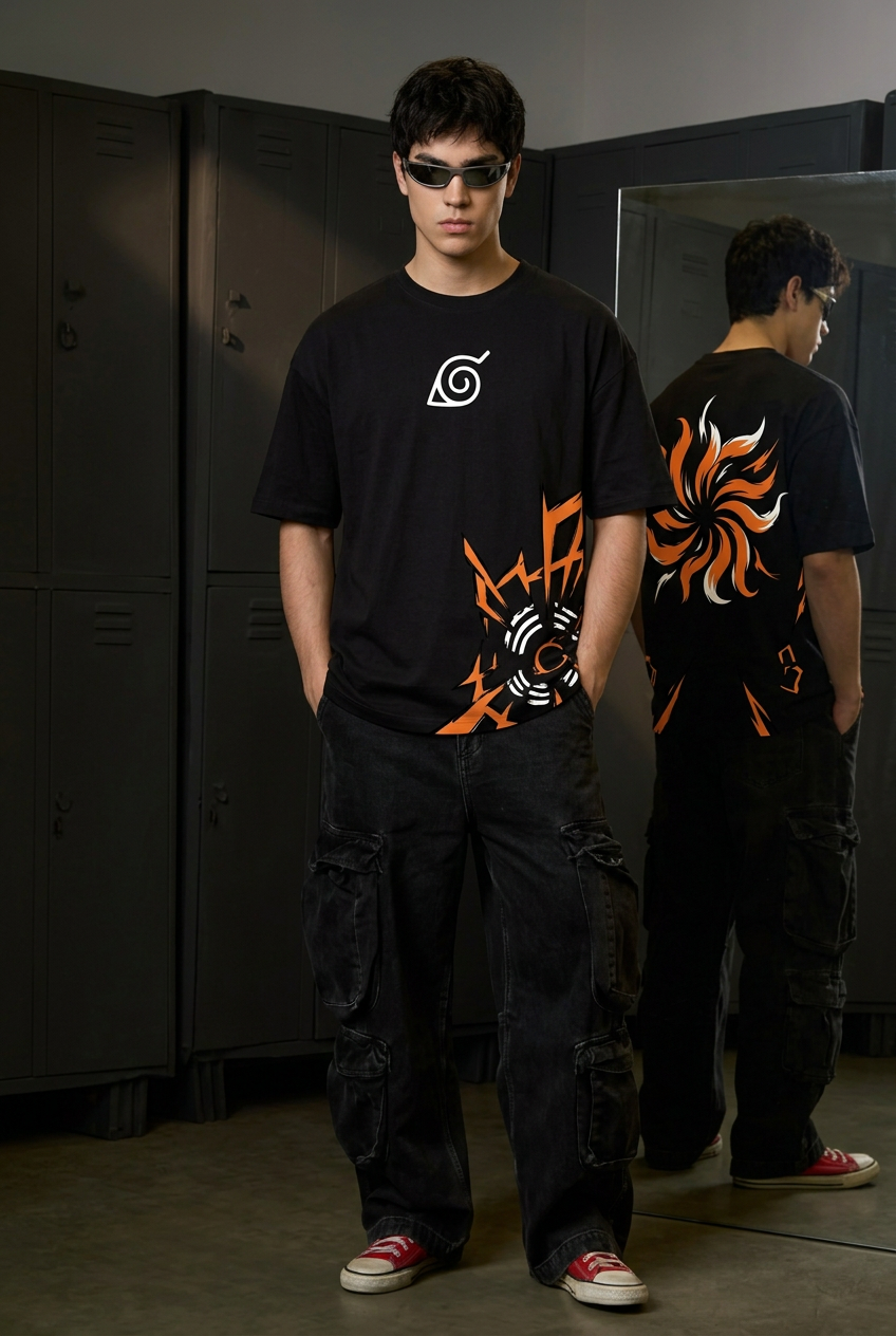 Naruto black oversized tee full-body front view