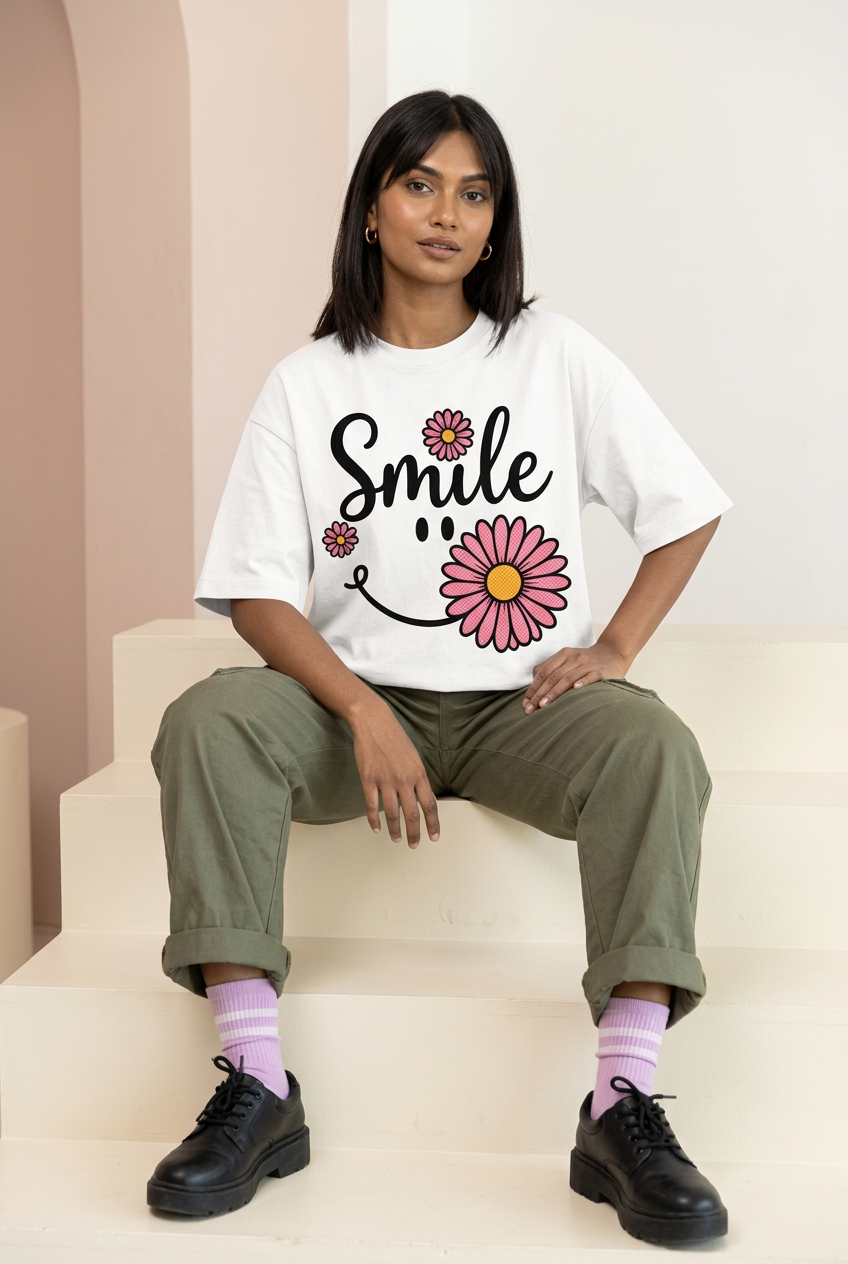 Smile Pink Daisy oversized tee with cargos and striped socks