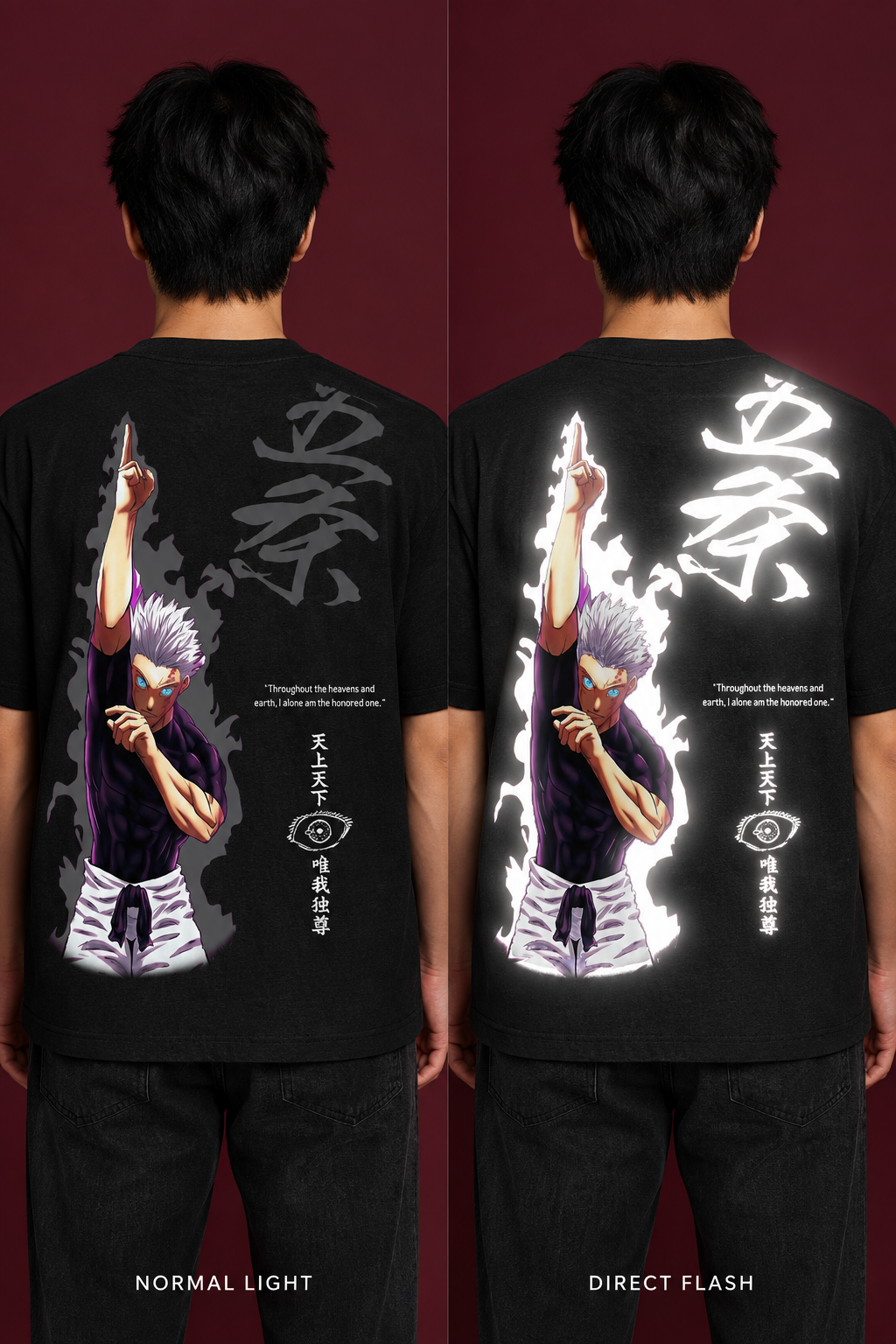 Illustrative Gojo Honored One normal-light versus direct-flash comparison