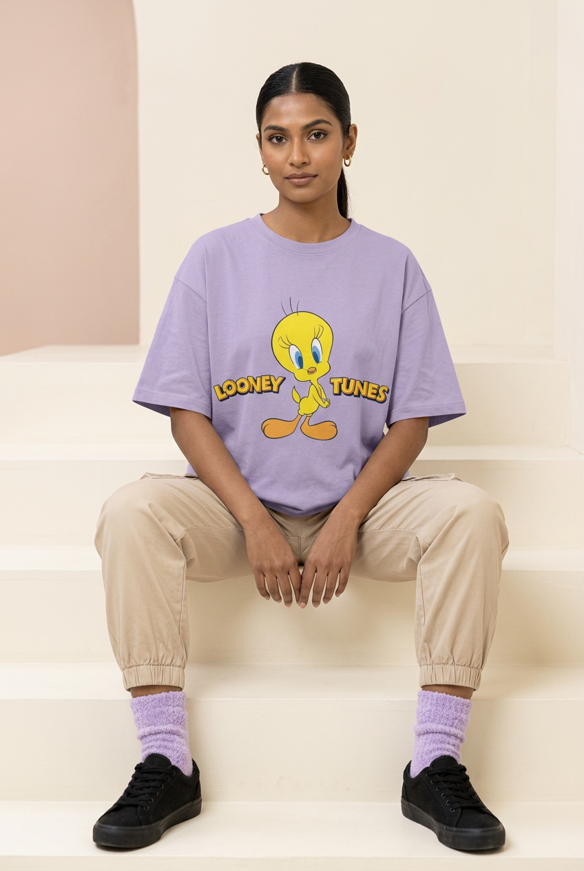 Tweety oversized tee with cargos and plush lavender socks