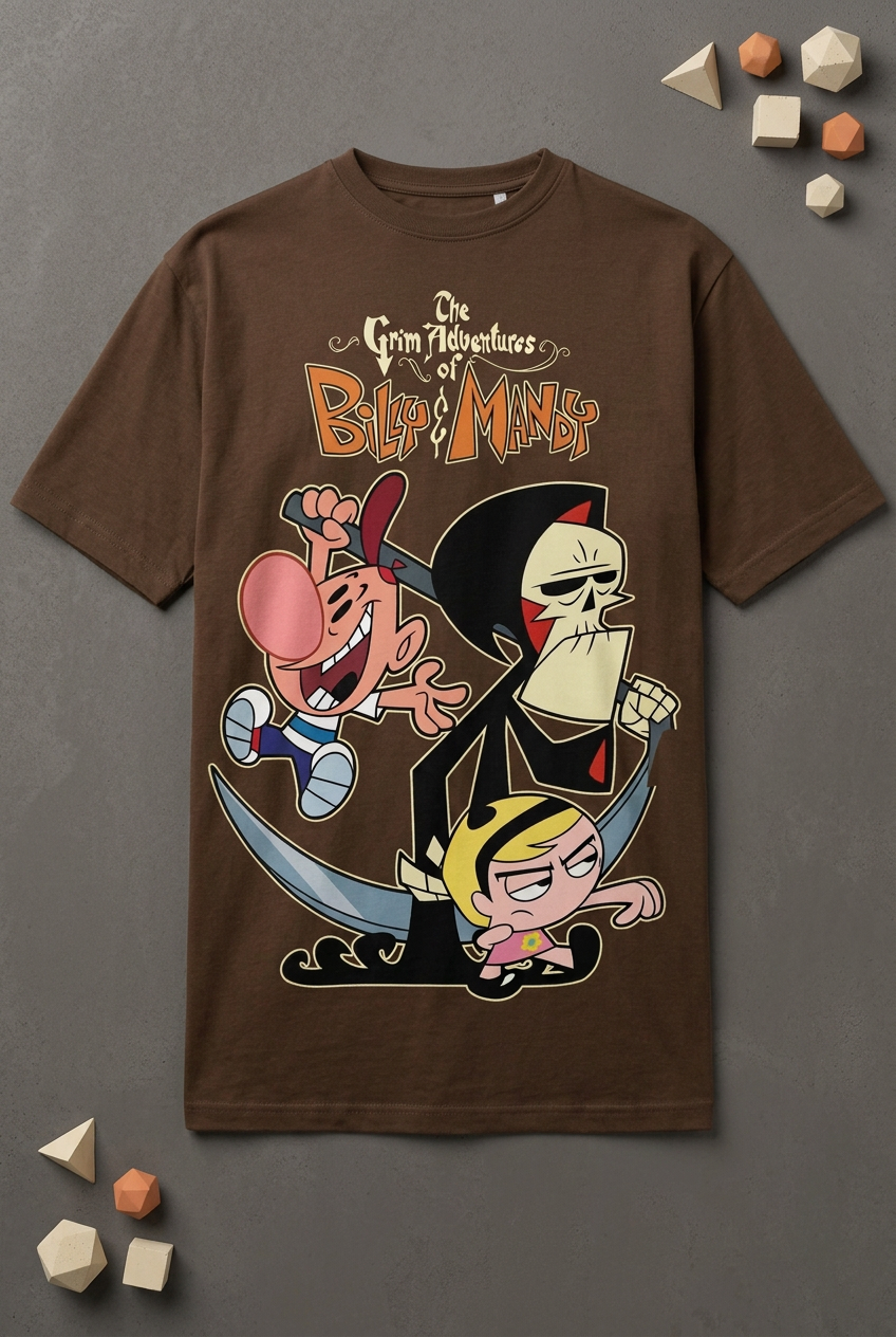 Billy and Mandy coffee-brown graphic tee styled flat lay