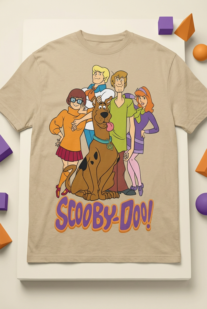 Scooby-Doo sand-beige tee styled flat lay with complete gang graphic