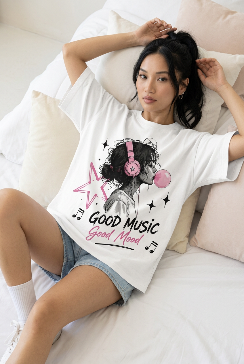 White music graphic tee, reclining model pose with denim shorts