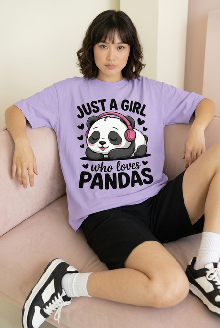 Lavender panda oversized tee, sofa pose with complete front artwork contained on shirt