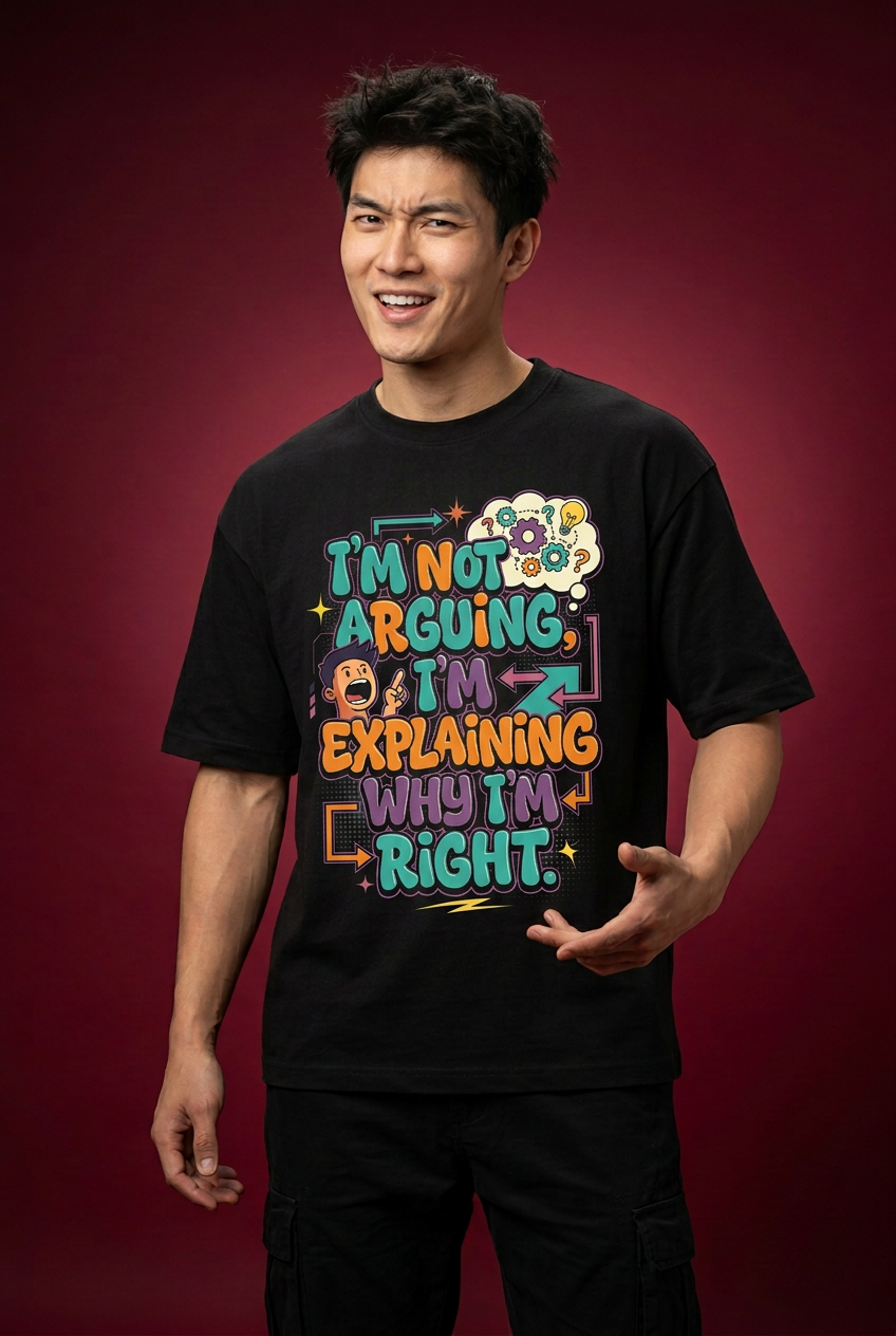 Arguing oversized T-shirt, cheeky three-quarter explaining pose
