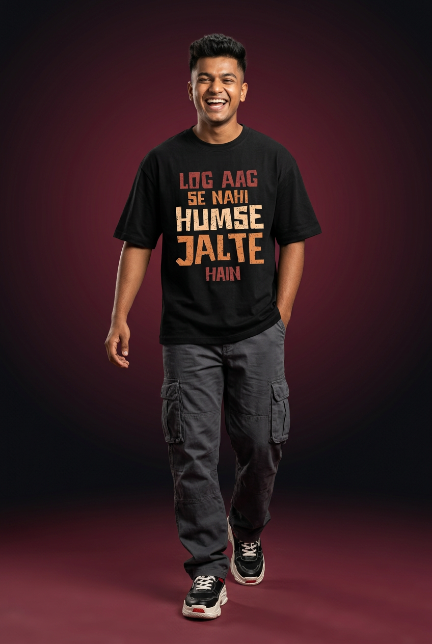 Jalte oversized T-shirt, Indian Gen Z model, walking pose